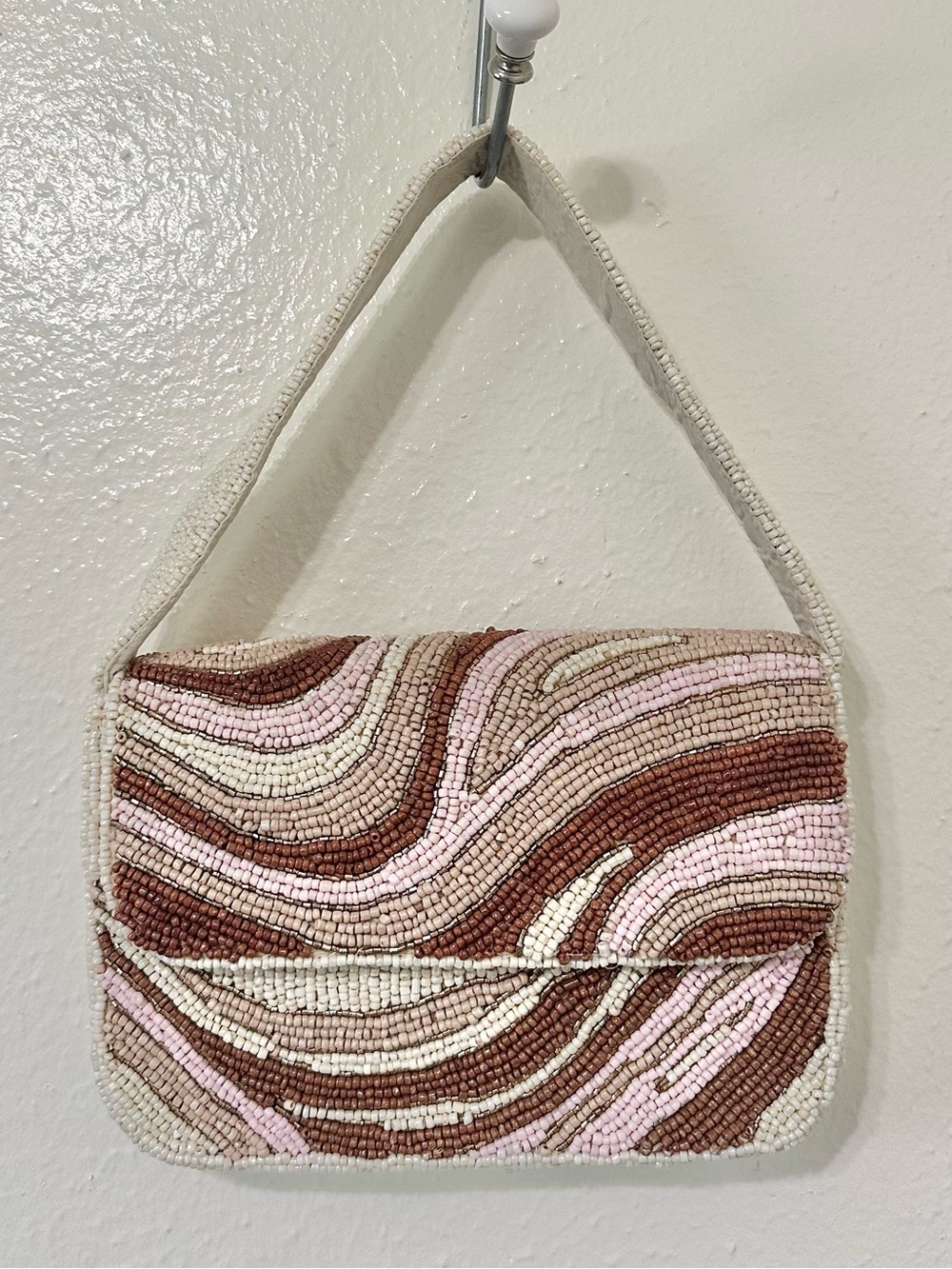 Studio 12 Hand beaded Wave Beach Bag Pink Brown Shoulder Bag Purse